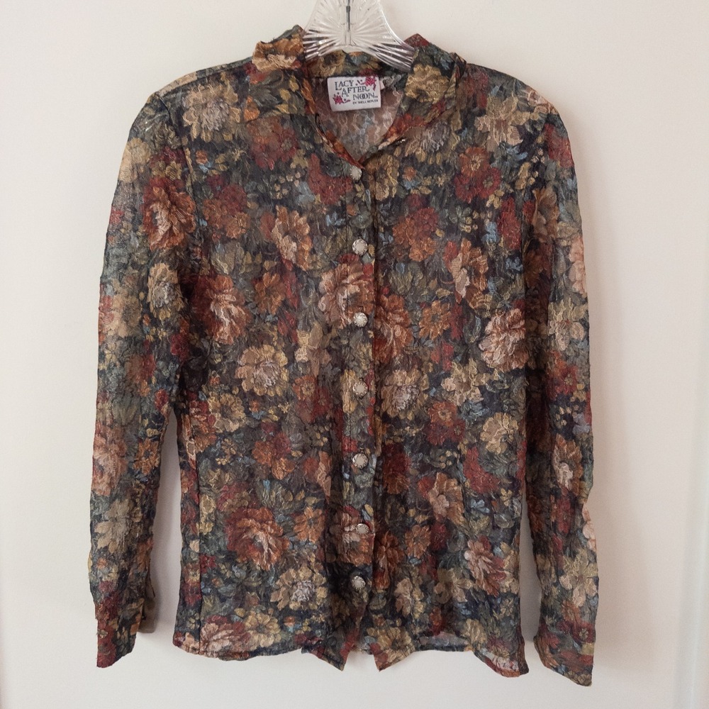 Vintage‎ 90s Lacy Afternoon Romantic Sheer Floral Top Womens S Y2K Grunge Boho